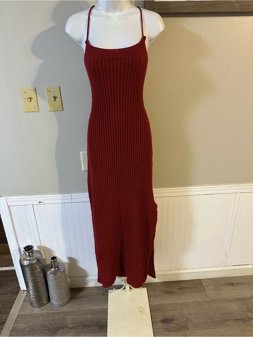 Red Knit Maxi Slip Dress with Spaghetti Straps